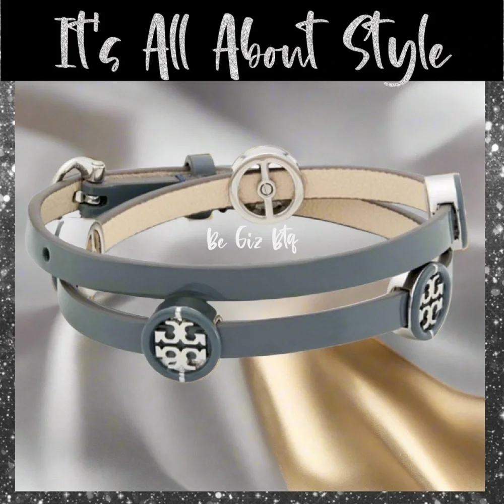 🆕Tory Burch Authentic Miller Silver & Leather Blue Enamel Double Wrap Bracelet